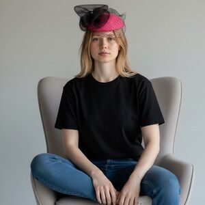 Pink Straw Fascinator Hat w/Black Bow and Net Veil Chin Strap Kentucky Derby!!!